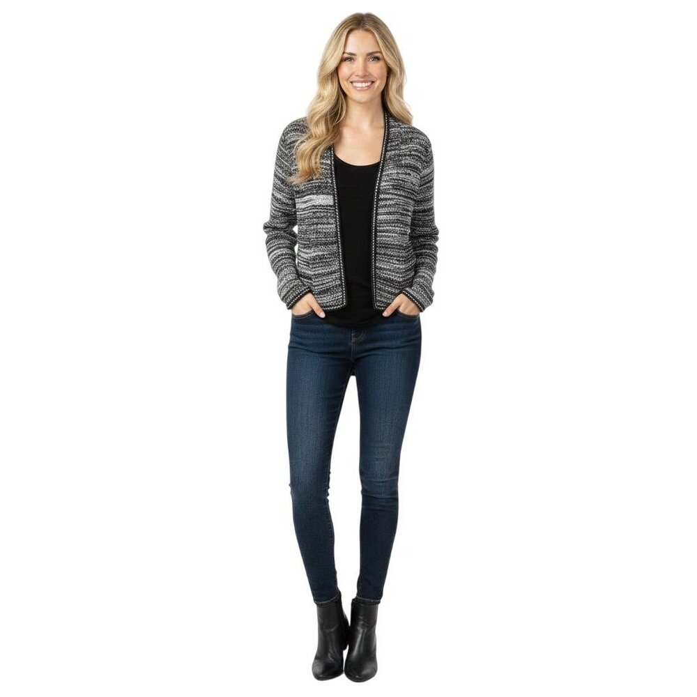 Pure Collection Wool Striped Gray Black Cardigan Jacket Size 14/16